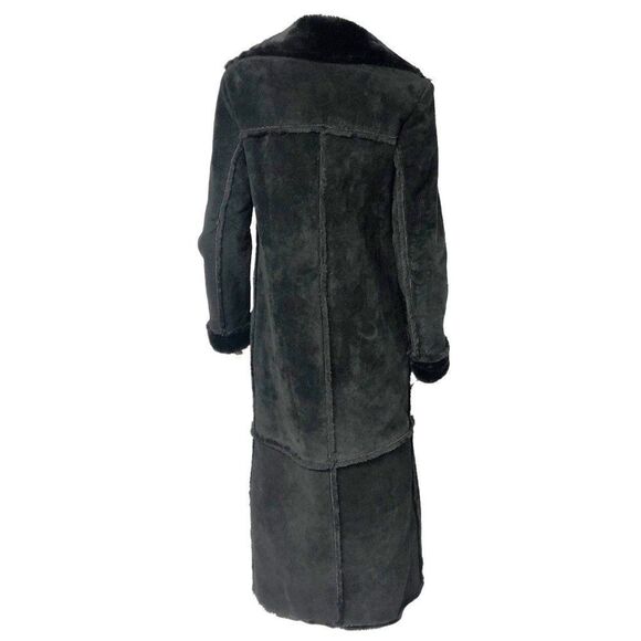 Vintage Y2K 2000s Express Black Suede Faux Shearling Long Heavy Coat - Picture 5 of 8